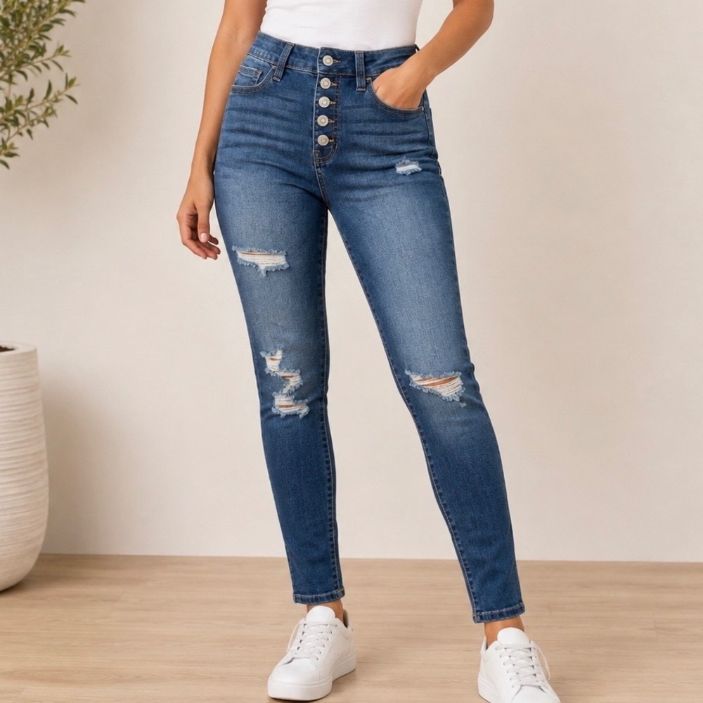 No Boundaries High Rise Button Fly Distressed Skinny Jeans 5 Stretch Denim Y2K